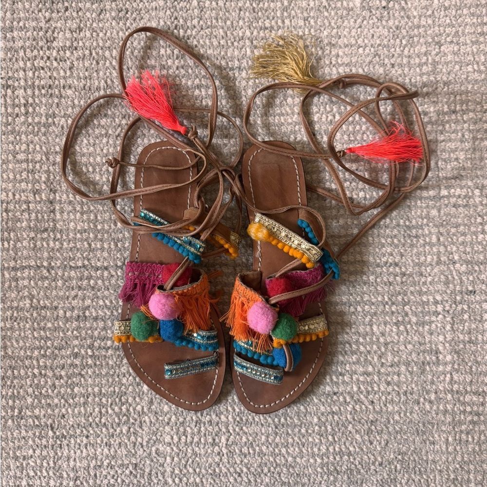 Greek Bohemian Embroidered Leather Sandals with Pom Poms & Tassels - 38 (US 7) - Picture 3 of 4
